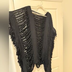 Black Fringe Knit Open Weave Beach Cover Up